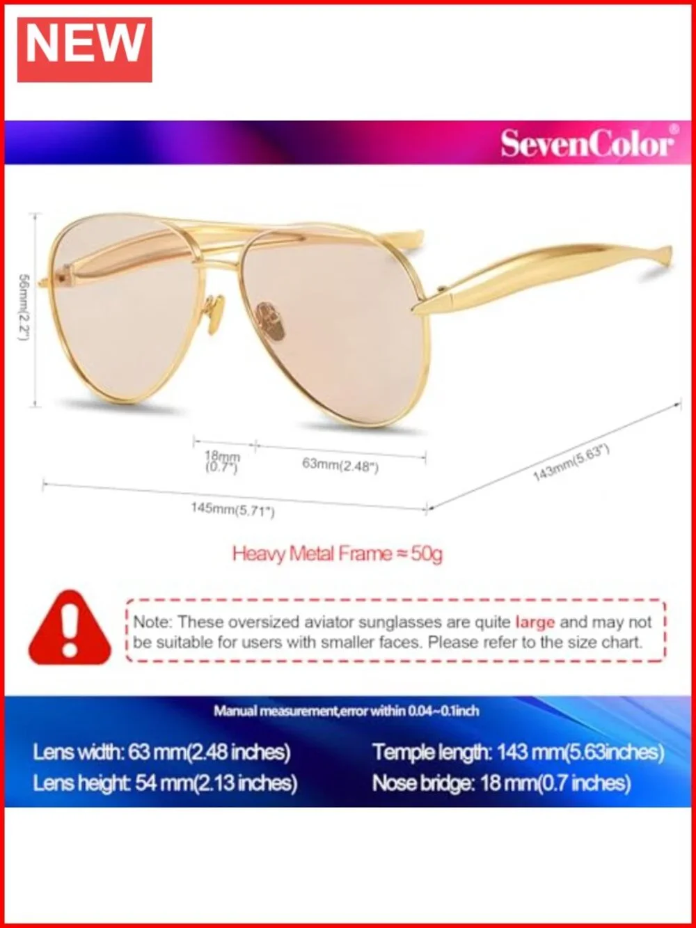 Oversized Aviator Sunglasses Gold Metal Frame UV400 Retro 70s Shades